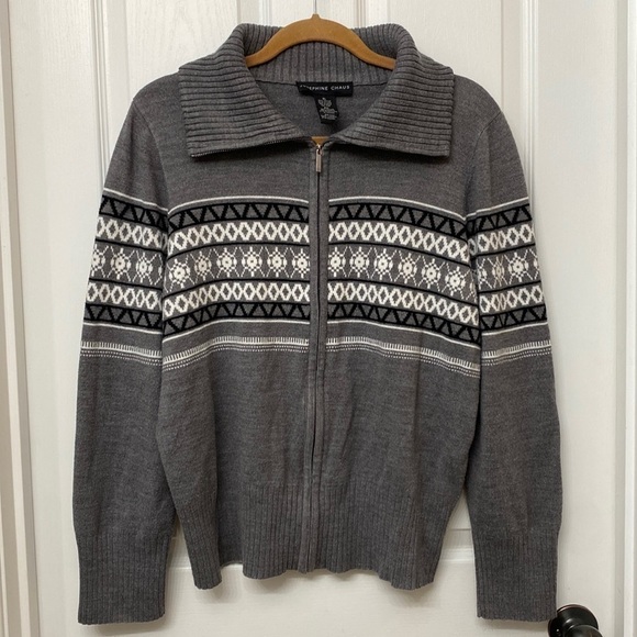 Josephine Chaus Women’s Carbon Heather Gray Winter Print Full Zip Up Sweater XL - Picture 1 of 8